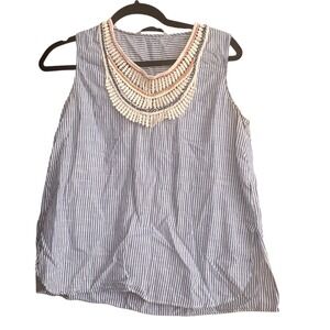 Zara Basic Women Blue White Stripe Sleeveless Crochet Neck Top